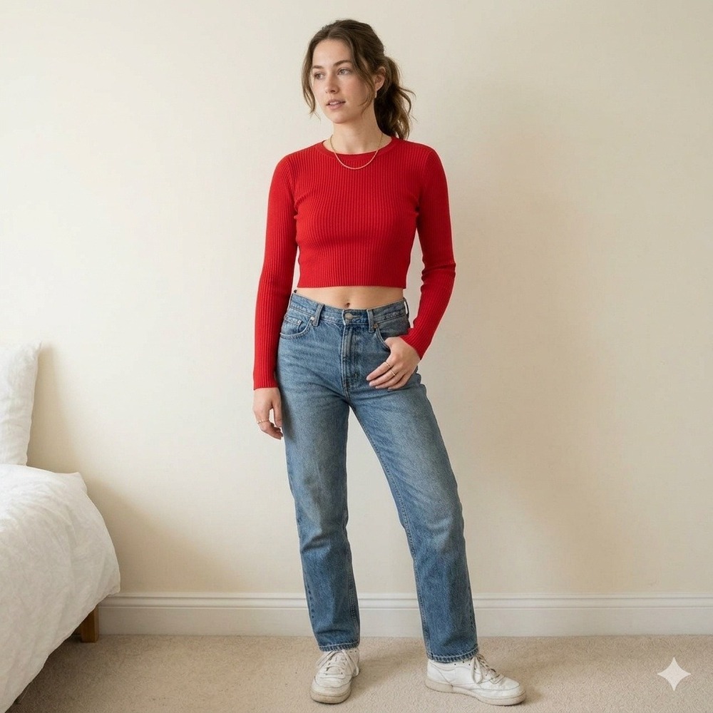 Aritzia Sunday Best Womens Top XS Red Ribbed Long Sleeve Crop Crew Minimalist